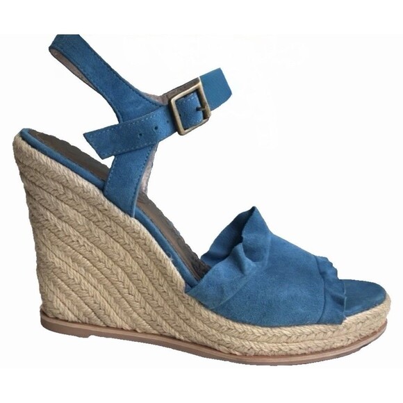 Naughty Monkey Shoes - Naughty Monkey Blue Leather Espadrille Wedge Sandals Ruffle Ankle Strap US 8